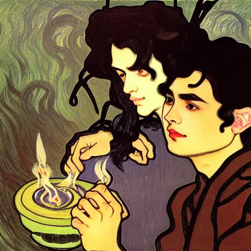 Image similar to painting of young cute handsome beautiful dark medium wavy hair man in his 2 0 s named shadow taehyung and cute handsome beautiful min - jun together at the halloween party, bubbling cauldron, candles, smoke, tarot, autumn colors, elegant, stylized, soft facial features, delicate facial features, art by alphonse mucha, vincent van gogh, egon schiele