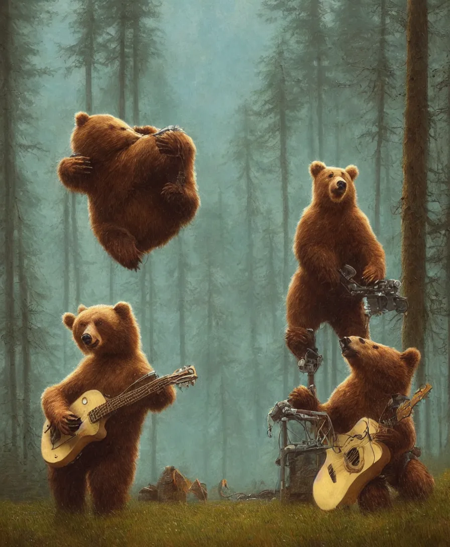 Prompt: realistic bear playing guitar, illustrated by Simon Stålenhag and Gaston Bussiere, intricate, ultra detailed, photorealistic, trending on artstation