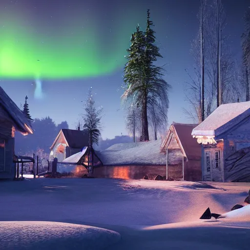 Prompt: a landscape with northern lights and village, winter, glowing lights, artstation, concept art, 4k, octane render