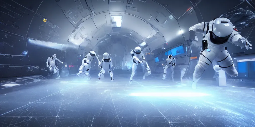 Prompt: futuristic spacemen firing lasers in zero gravity, skintight suits, floating, floating white star - shaped obstacles, surrounded by a laser grid, unreal engine, lensflares, low perspective