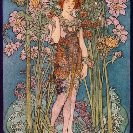 Image similar to a floral fantasy illustration by walter crane, edmund dulac, arthur rackham, and mucha