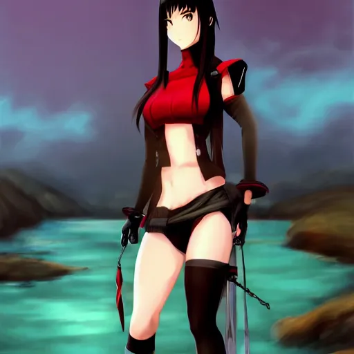 Image similar to portrait of tifa lockhart standing by a river, black and red colors, anime fantasy illustration by tomoyuki yamasaki, kyoto studio, madhouse, ufotable, trending on artstation