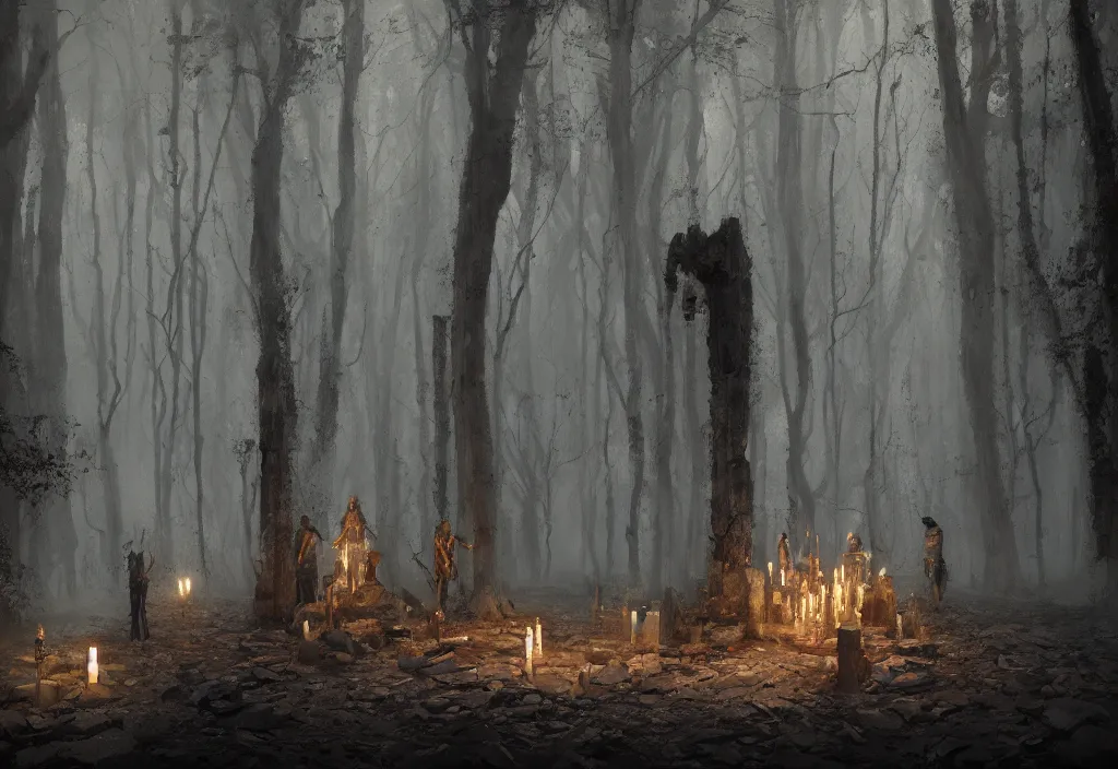 Prompt: photo of dark altar in the woods, cultists ritual, candles, ruined columns, statues od ancient gods, craig mullins greg rutkowski, artstation, cgsociety saturated colors