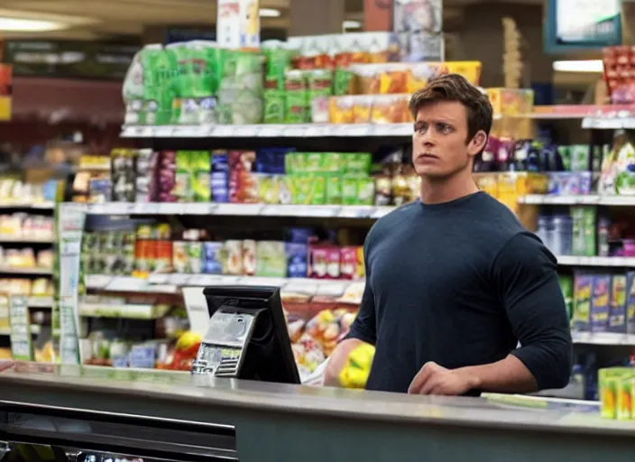 Image similar to film still of hulk working as a cashier in a grocery store in the new avengers movie, 4 k