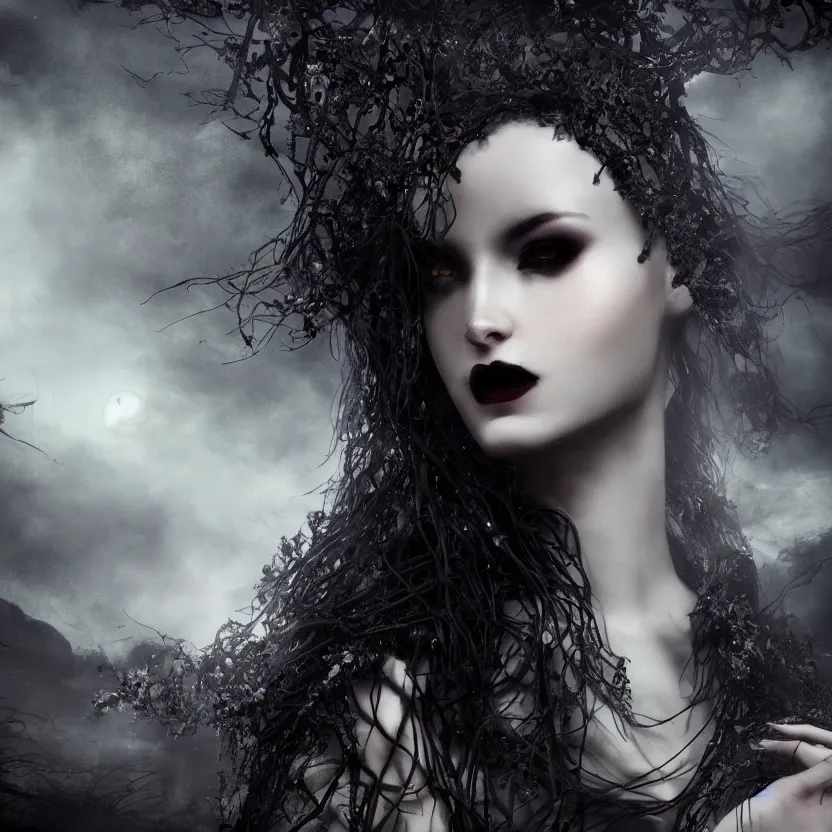 Image similar to stunning otherworldly Gothic goddess of beauty, dark and mysterious, atmospheric, ominous, eerie, cinematic, Epic, 8k, 4k, ultra detail, ultra realistic, rendered by awesomeness