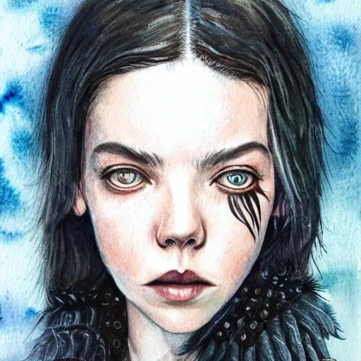 Prompt: full body detailed watercolor illustration of alien anya taylor - joy mixed with jennifer connelly, unsettling, hooded long black feathered cloak, uncanny valley, with black feathers instead of hair, gothic, reading a book, guillermo del toro, gray mottled skin, pale and sickly, profile view, - - ar 9 : 1 6
