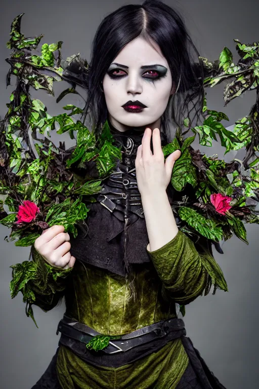 Prompt: very beautiful female orc top model, dark green hair and skin, wearing valentin yudashkin gothic victorian armor with leaves and flowers, luxury materials, symmetrical, cinematic, elegant, professional studio light, real dlsr photography, sharp focus, 4 k, ultra hd, sense of awe, high fashion