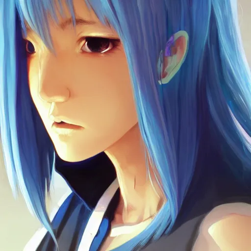 Image similar to profile shot of rimuru tempest averting his gaze, sky blue hair, straight hair, pretty, long bangs, amber eyes, all black jacket with white stripes, high collar | highly detailed, unreal engine 5, color block, digital painting, concept art, cinematic, wlop | artgerm, pixiv, greg rutkowski, ilya kuvshinov