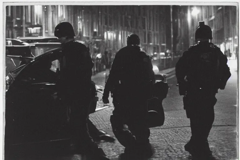 Prompt: photography of a hacker being arrested in amsterdam at night, frank miller, henri cartie bresson
