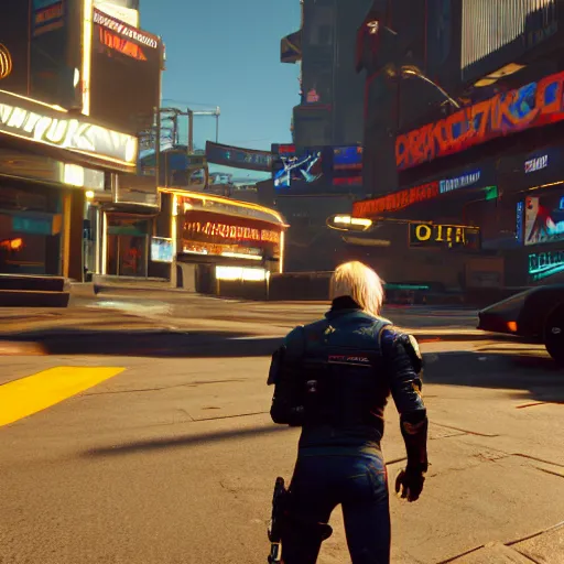 Image similar to an in-game screenshot of blonde boy in Cyberpunk 2077