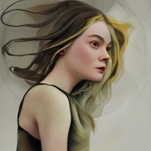 Prompt: Elle Fanning in the painted world of space, head and shoulders masterpiece, apocalypse, golden hour, cosmic horror, artstation, in the style of Andrew Wyeth and Edward Hopper and Bosch, extremely detailed