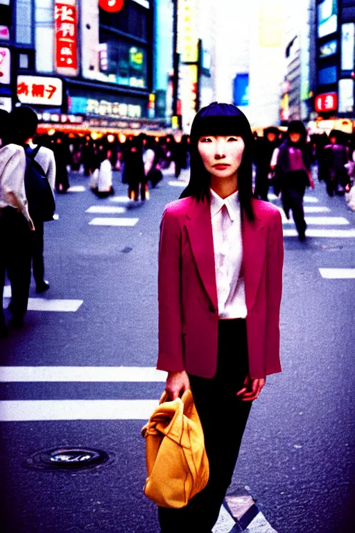 Prompt: street photography portrait of a beautiful japanese woman standing at shibuya crossing during midday, subtle colors, shot on cinestill 5 0 d film, iso 1 0 0, 5 0 mm lens aperture f / 8, dynamic composition, full frame, full res, sharp focus, hyper realistic