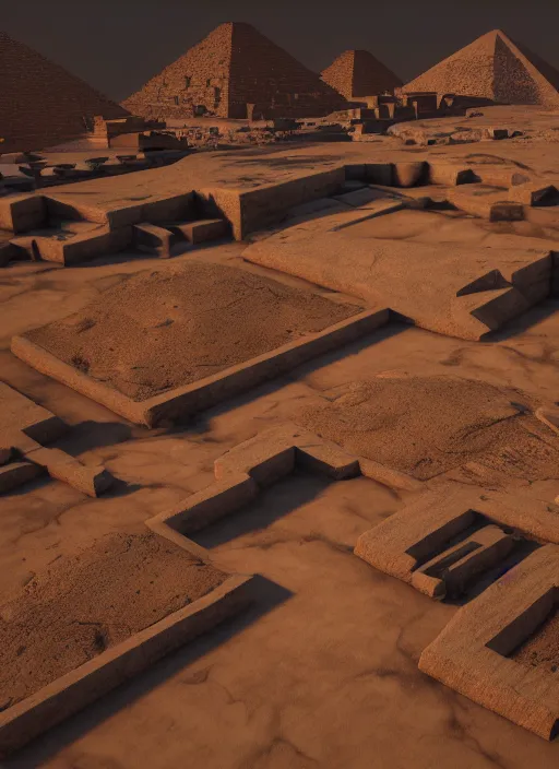 Image similar to isometric view, video game level design of a planet surface with ancient structures, Egyptian, unreal engine, Arnold render, octane render, moody, night, highly detailed, volumetric lighting, glow