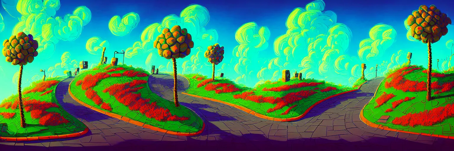 Image similar to curled perspective digital art of curly clouds cobblestone street with wildflowers to a casino in top of a hill with curly palmtrees by anton fadeev from nightmare before christmas