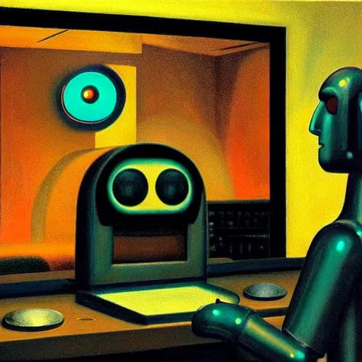 Image similar to a mesmerized robot staring at a computer screen, beams coming out of glowing eyes, portrait, pj crook, grant wood, edward hopper, syd mead, chiaroscuro, oil on canvas