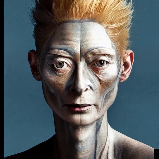 Image similar to a realistic octane render of tilda swinton, physically based rendering of chrome plated tilda swinton, trending on artstation, by archan nair and marlene dumas, intricate details, gilded, in the style of frank auerbach