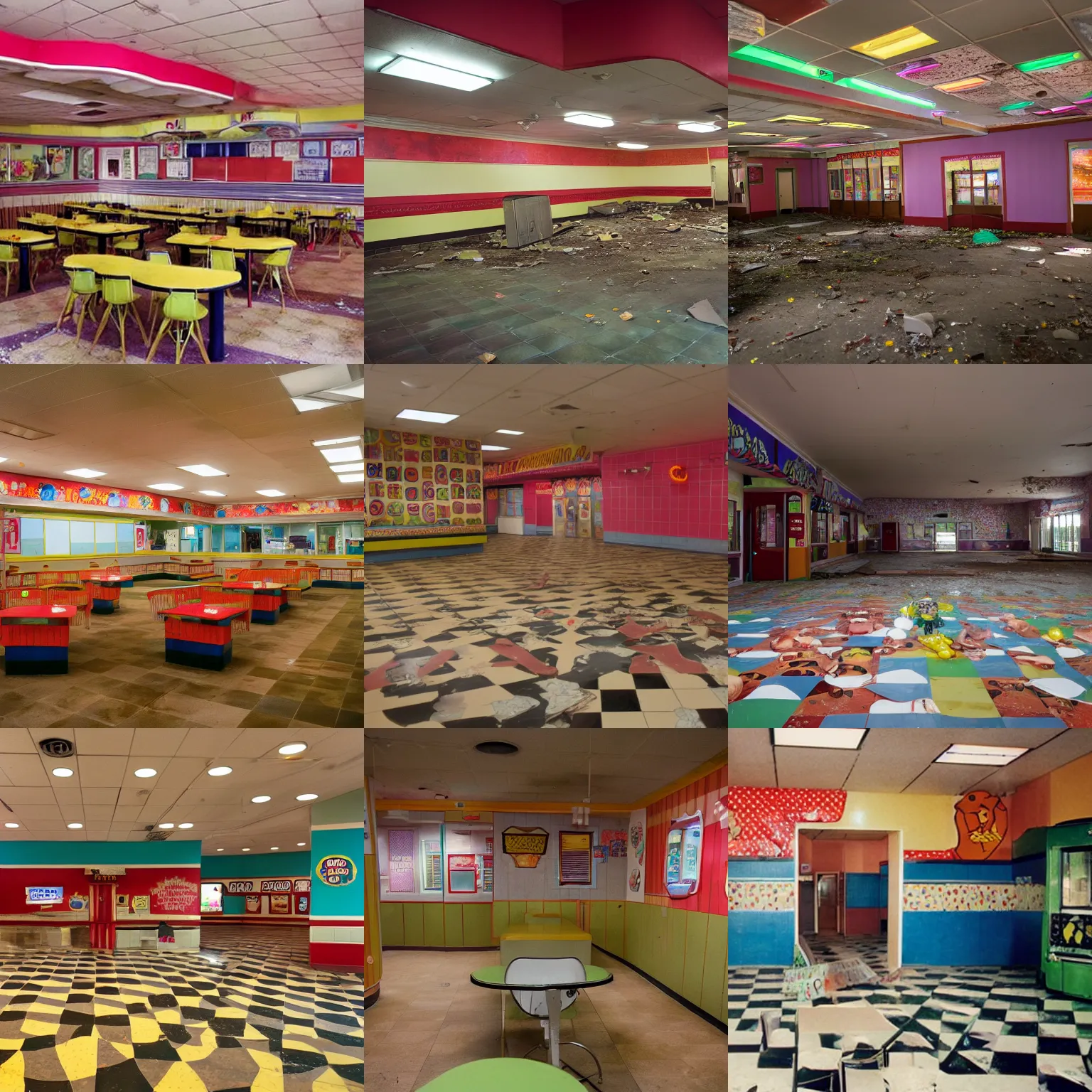 Prompt: photograph of the dining room of an abandoned chuckie cheese by wes anderson, creepy