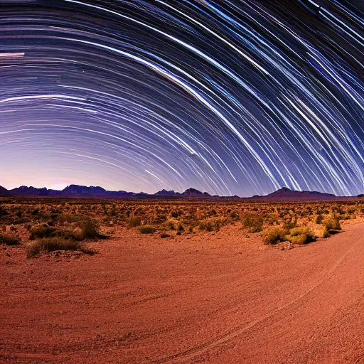 Image similar to wide angle landscape photograph long exposure of star trails in the desert in utah, 4 k photo