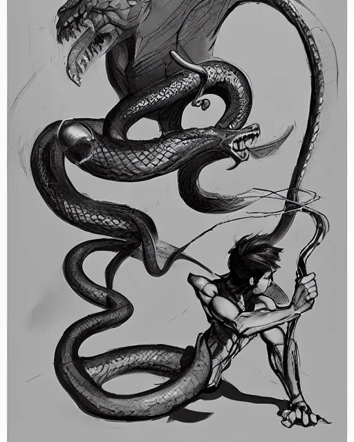 Prompt: a man fighting a giant snake, sketch by glen keane, black and white illustration by glen keane, concept art, artstation, disney 1 9 9 0