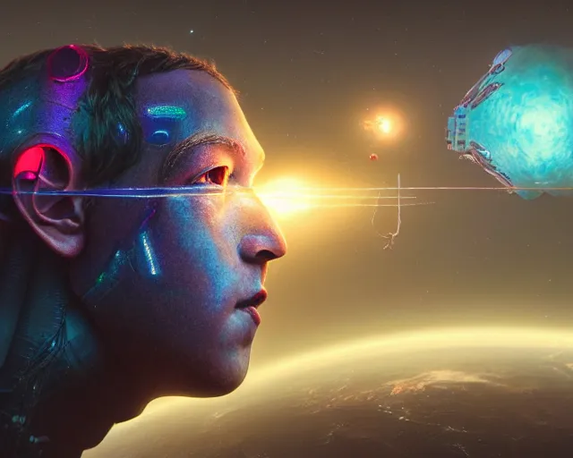 Prompt: a giant robot head of Mark Zuckerberg floating in orbit, hyper realistic, volumetric lighting, intricately detailed, cosmic horror, vibrant colors, Art station, Epic scale, art by Greg Rutkowski, art by Ruth Asawa, art by Ted Nasmith, art by H.R. Giger, Octane render, Unreal Engine 3D, 8k,