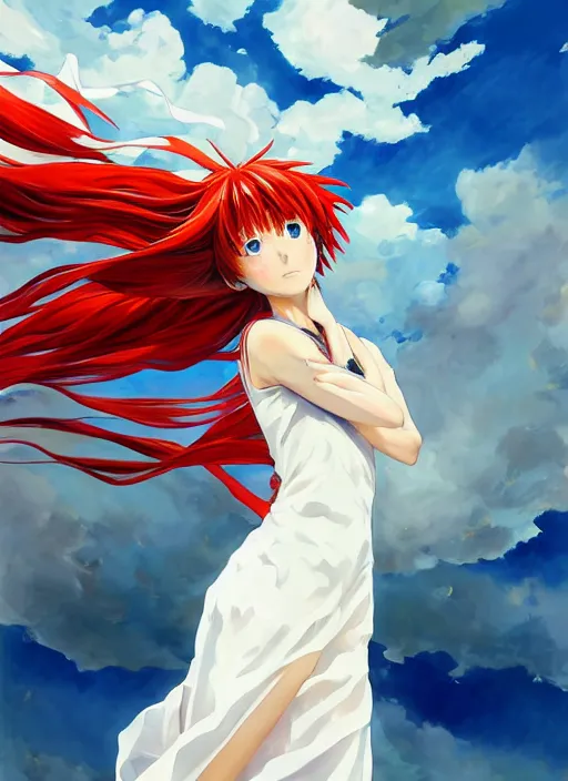 Prompt: portrait of Asuka Soryu Langley from Neon Genesis Evangelion with long wavy red hair in a white dress, countryside, calm, fantasy character portrait, dynamic pose, above view, sunny day, thunder clouds in the sky, artwork by Makato Shinkai and Giuseppe Dangelico Pino and Michael Garmash and Rob Rey, very coherent asymmetrical artwork, sharp edges, perfect face, simple form, 100mm