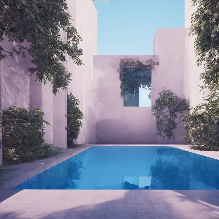 Prompt: a room with a pool in the middle of it, a digital rendering by ricardo bofill, featured on cg society, hypermodernism, vray tracing, rendered in unreal engine, liminal space