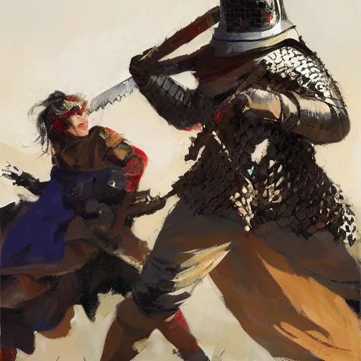 Image similar to portrait of woman wearing helmet and gambeson and chainmail fighting attacking with sword, aggressive stance, detailed by greg manchess, craig mullins, bernie fuchs, walter everett