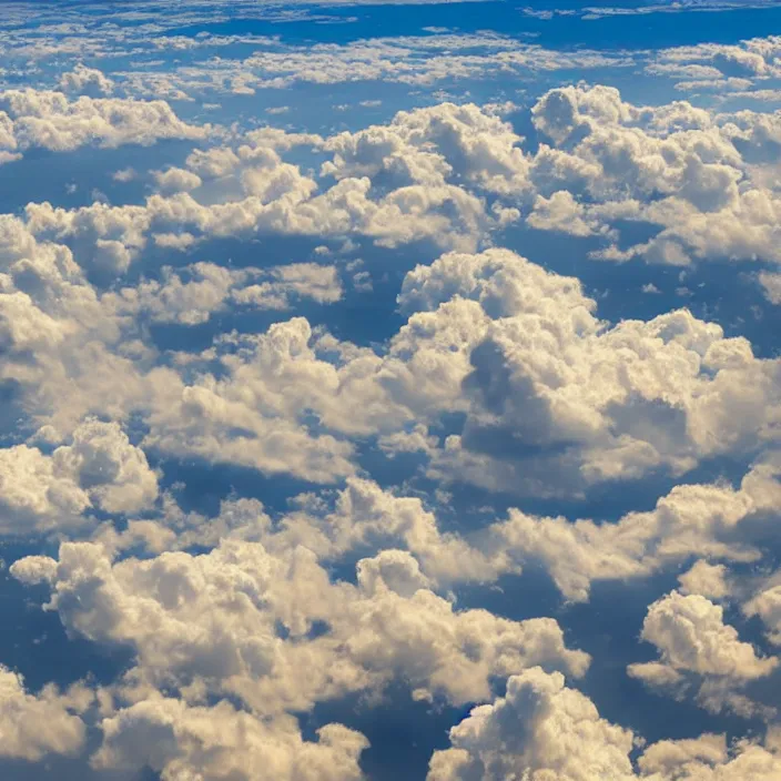 Image similar to Endless pale yellow clouds towering, seen from above, very detailed, 8k resolution