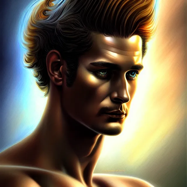 Prompt: portrait, stunningly handsome god Apollo, super fine digital airbrush and pastels, extremely high detail, digital pen and digital ink, intricate illustration, by Dorian Cleavanger, Jim Burns, Frank Frazetta, Wendy Froud, artstation, WLOP, deviantart, Pixiv