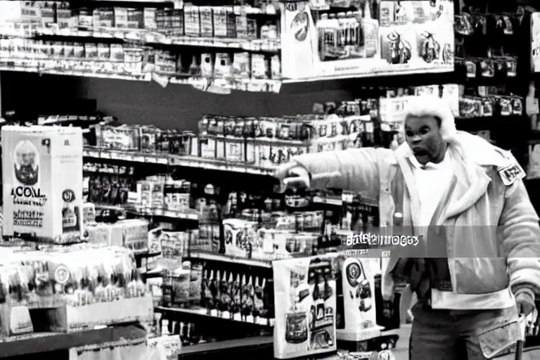 Image similar to a still ronald mcdonald shoplifting from a grocery store in the tv show the a - team, vcr recording