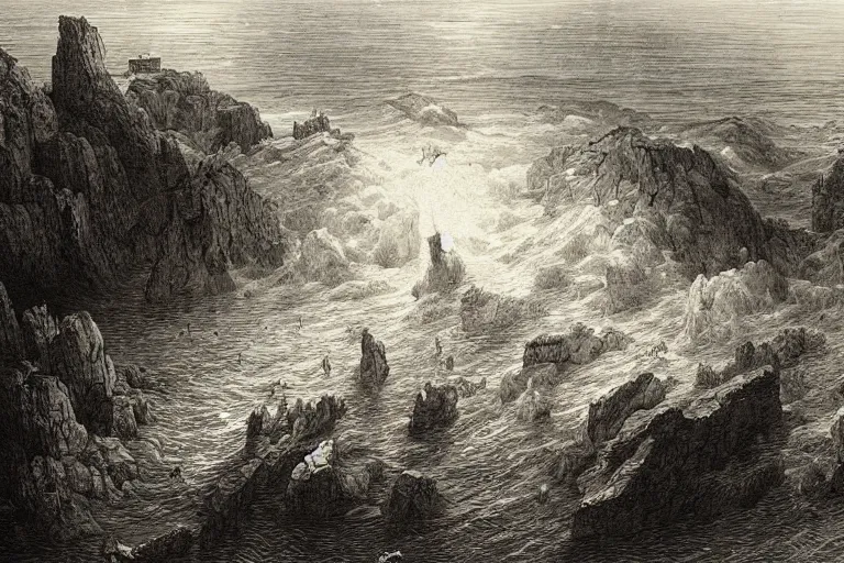 Image similar to aerial view, the biblical crossing of the red sea, Gustave Dore lithography