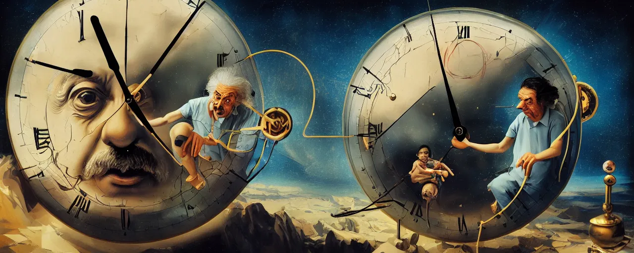 Prompt: duotone surrealist illustration 3 / 4 portrait of albert einstein measuring time on salvadore dali clock in outer space. golden ratio accidental renaissance. by sachin teng and sergey kolesov and ruan jia and heng z. graffiti art, scifi, fantasy, hyper detailed. octane render. concept art. trending on artstation