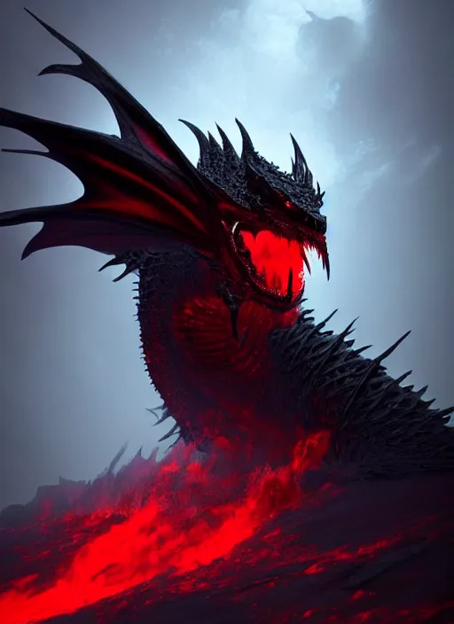 Image similar to black dragon with red demonic eyes on the red smoke background, photorealistic, ultra detailed, trending on artstation, concept art, octane render, unreal engine, by shinji aramaki, by christopher balaskas, by krenz cushart