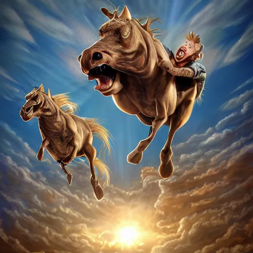 Prompt: hyperrealistic image of beavis and butthead descending from the sky on winged horses, by thomas eakes & xiang duan & mike judge, perfect symmetry, dim volumetric lighting, photorealistic, 8 k octane beautifully detailed render, post - processing, extremely hyper - detailed, intricate, epic composition, cinematic lighting, masterpiece, trending on artstation, incredibly detailed, stunning,