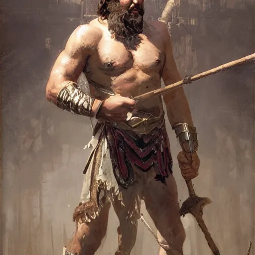 Prompt: young gladiator man with a trim beard, athletic, dopey expression, holding a net, fantasy character portrait by greg rutkowski, gaston bussiere, craig mullins