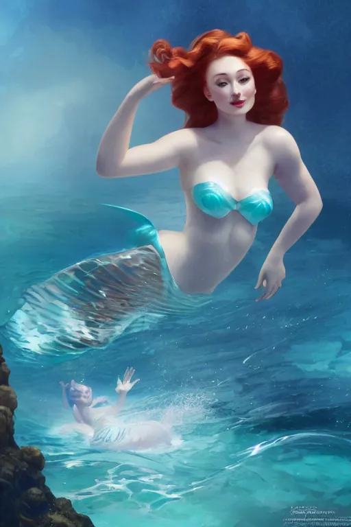 Image similar to sophie turner as the little mermaid underwater by Gil Elvgren Stanley Artgerm Lau, WLOP, James Jean, Andrei Riabovitchev, Marc Simonetti, Yoshitaka Amano, ArtStation, CGSociety, hair floating covering chest, bubbles vfx, cinematic lighting, god ray, starlit shining eyes