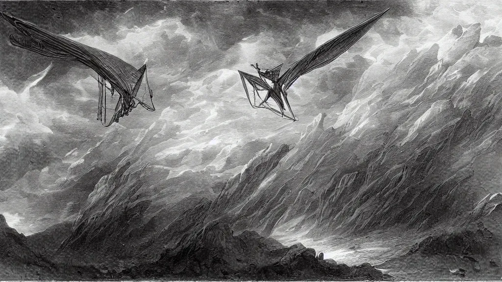 Image similar to drawing of an ornithopter flying toward a desert storm, by gustave dore, nineteenth century, black and white, vintage, science fiction, epic composition, dramatic lighting, highly detailed, cinematic