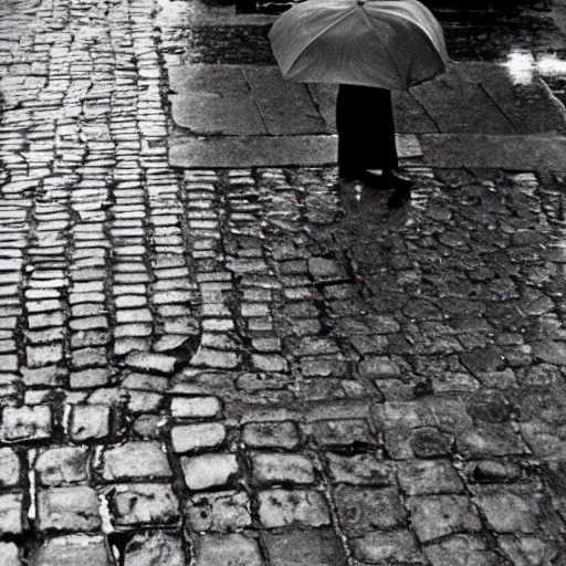 Prompt: fine art photograph of a woman waiting for the rain to stop, rainy flagstone cobblestone street, rule of thirds, sharp focus by henri cartier bresson