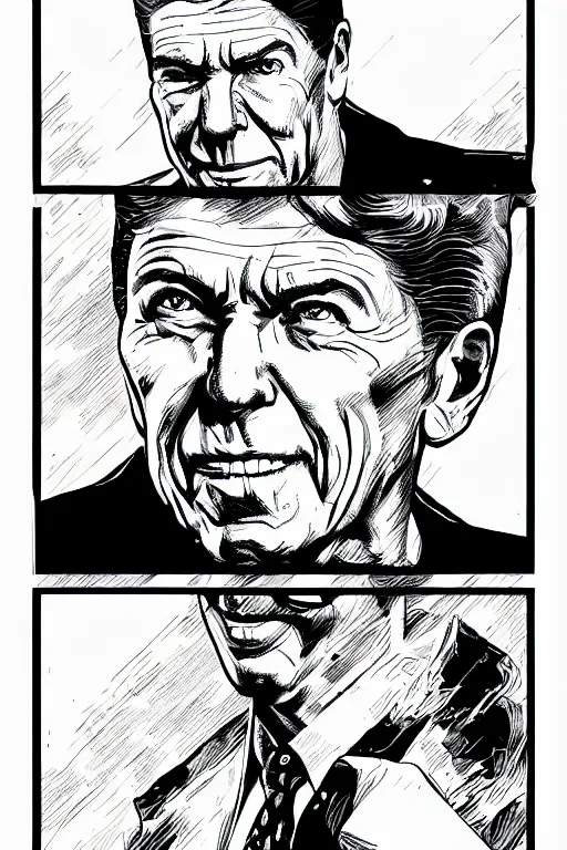 Image similar to ronald reagan, portrait, a page from cyberpunk 2 0 2 0, style of paolo parente, style of mike jackson, adam smasher, johnny silverhand, 1 9 9 0 s comic book style, white background, ink drawing, black and white, colouring pages