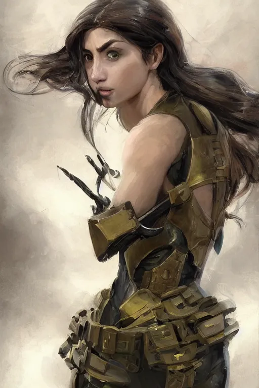 Image similar to a professionally painted portrait of an attractive young woman, clothed in military armor, olive skin, long dark hair, beautiful bone structure, symmetrical facial features, intricate, elegant, digital painting, trending on Artstation, concept art, smooth, sharp focus, illustration, from Metal Gear by Ruan Jia and Mandy Jurgens and Artgerm and William-Adolphe Bouguerea, award winning