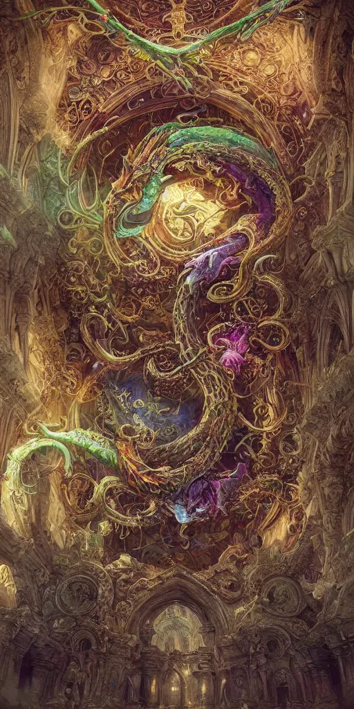 Prompt: enormous colorful psyhedelic Ouroboros floating around inside an ancient mage castle hall colossal scale, gothic and baroque, brutalist architecture, ultradetailed, intricate details by Ellen Jewett and Ayami Kojima