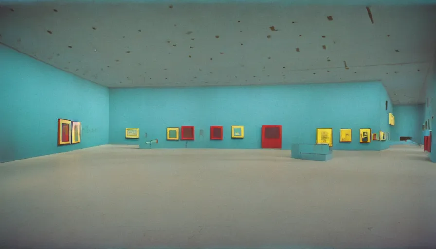 Image similar to 60s movie still of a sovietic stalinist style empty art museum with a soviet congress with yellow wall, LOMOGRAPHY LOMOCHROME TURQUOISE XR 100-400 (35MM), liminal Space style, heavy grain