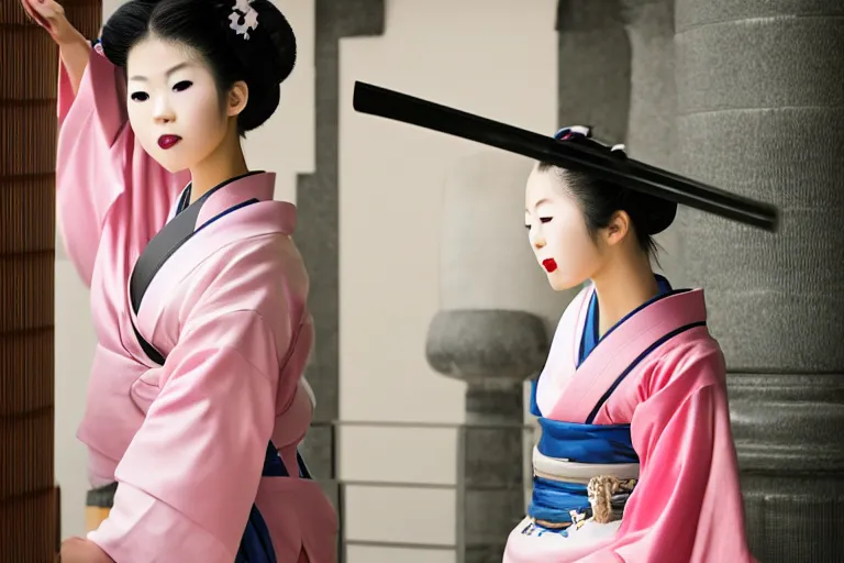 Image similar to beautiful photo of a young modern geisha samurai practising the sword in a traditional japanese temple, mid action swing, beautiful eyes, huge oversized sword, award winning photo, muted pastels, action photography, smiling into the camera, 1 / 1 2 5 shutter speed, dramatic lighting, anime set style