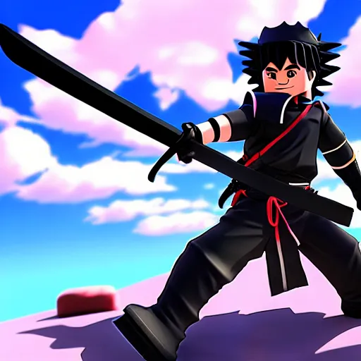 Prompt: ROBLOX character holding a sword in a fighting stance, cinematic scene, illustrated by Koyuharu Gotouge in the style of Demon Slayer, Kimetsu no Yaiba, manga black and white, highly detailed