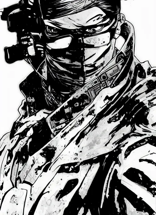 Image similar to cyberpunk ninja dude. portrait by ashley wood and alphonse mucha and laurie greasley and josan gonzalez and james gurney. splinter cell, apex legends, rb 6 s, hl 2, d & d, cyberpunk 2 0 7 7. realistic face. character clothing. vivid color. dystopian setting.