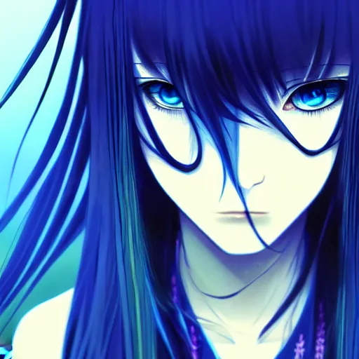 Image similar to long blue - haired girl with bangs gothic anime character with ( amber irises ) noir, screenshot, anime, sharp focus, intricate, illustration, cell shaded, digital painting, highly detailed, concept art, matte, art by ilya kuvshinov, wlop, and greg rutkowski, studio quality, james jean, artem demura