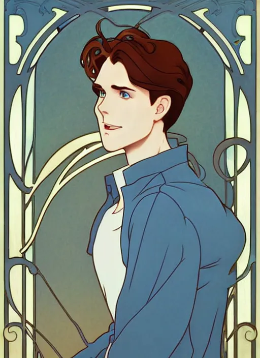 Prompt: well - lit art nouveau portrait of a young man with medium length auburn hair, pale skin, freckles, light blue eyes, casual clothes, natural lighting, path traced, highly detailed, high quality, cartoon, digital painting, by don bluth and ross tran and studio ghibli and alphonse mucha