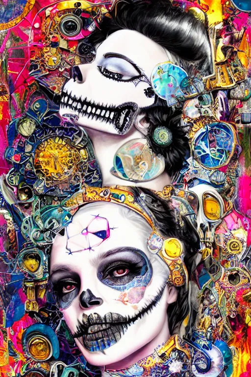 Image similar to Moon Goddess, contemporary, collage, maximalist style, digital painting, 4k, HDR, moon, skull, punk, steampunk, fashion, soft, vintage sharp focus, art by Sandra Chevrier, John Hoyland, teamLab