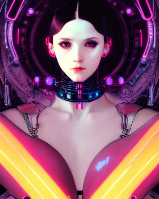 Image similar to portrait of beautiful cute cyborg maiden goth girl in latex, cyberpunk, warhammer, neon night city, high details, art by ( ( ( kuvshinov ilya ) ) ) and wayne barlowe and gustav klimt and artgerm and wlop and william - adolphe bouguereau