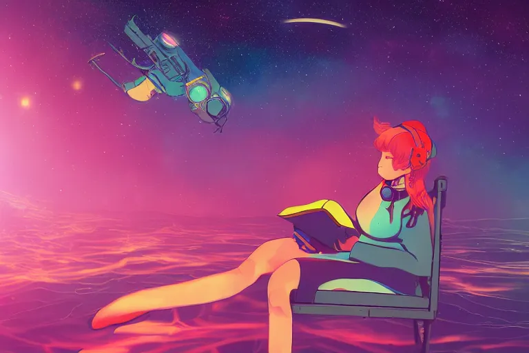 Image similar to a beautiful girl reading a book in space, lofi, anime, digital art, neon, synthwave,